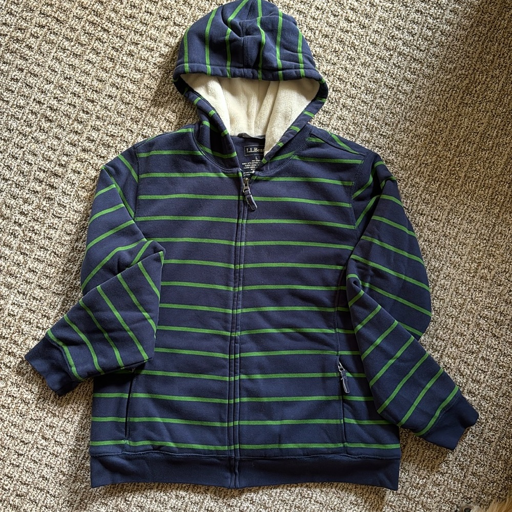 LL Bean Sherpa fleece lined hoodie. Women’s large, blue with green stripes